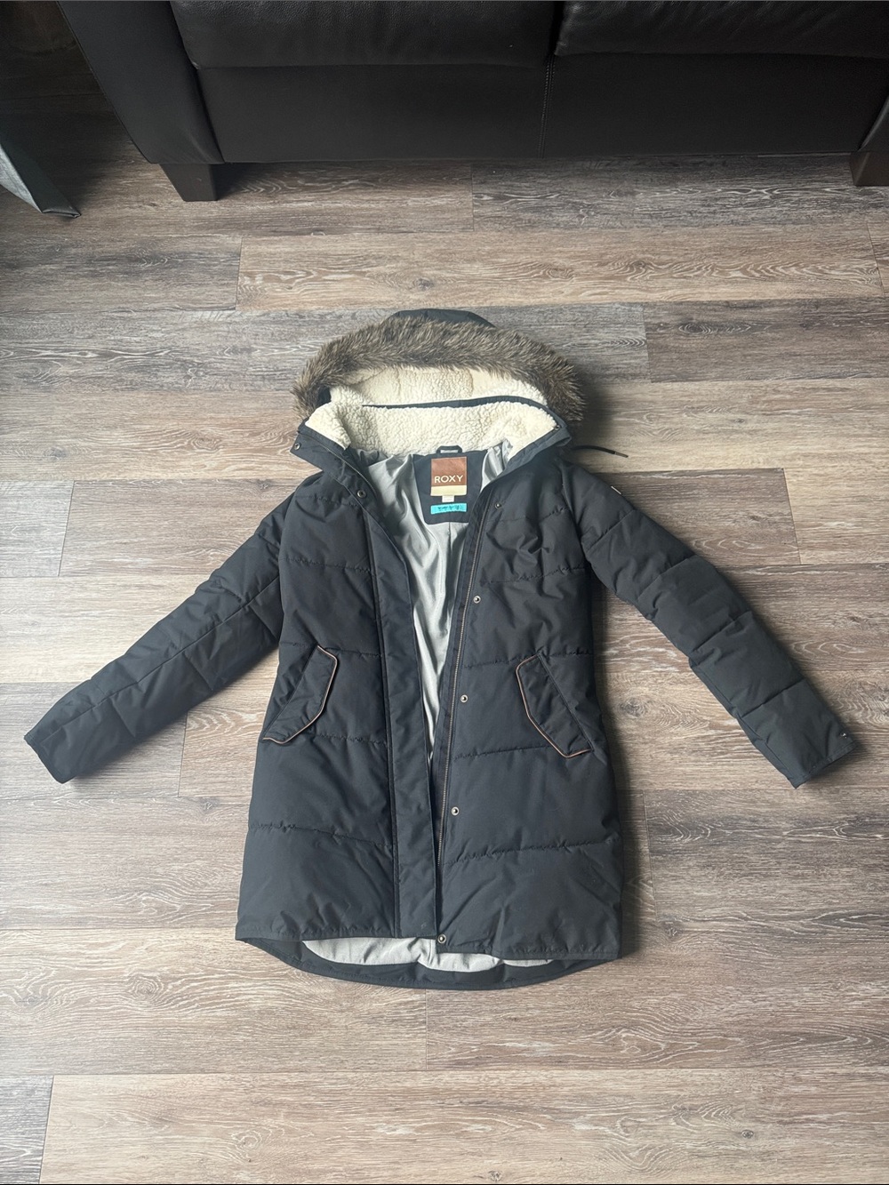 Roxy Women's Black Puffer Parka with Faux-Fur Hood